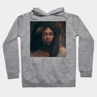 A woman with feathers on her head. Hoodie